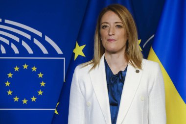 European Parliament President Roberta Metsola welcomes President of the State of Israel Isaac Herzog at the European Parliament at the EU headquarters in Brussels, Belgium on January 26, 2023.