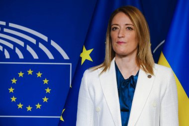 European Parliament President Roberta Metsola welcomes President of the State of Israel Isaac Herzog at the European Parliament at the EU headquarters in Brussels, Belgium on January 26, 2023.