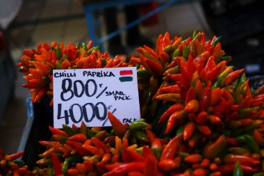 Fresh paprika for sale in flea market of  Budapest, Hungary on December 23, 2022.