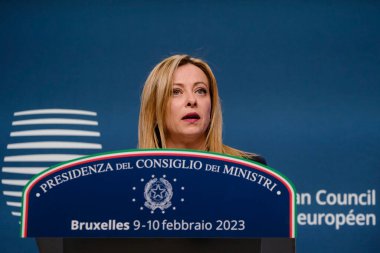Italy's Prime Minister Giorgia Meloni speaks during a press conference after an extraordinary meeting of a EU Summit at The European Council Building in Brussels, Belgium on February 10, 2023.