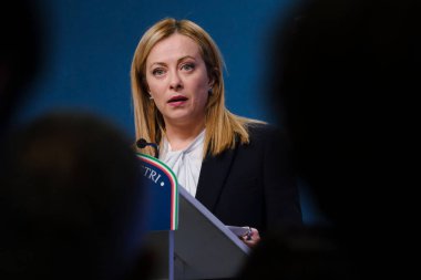 Italy's Prime Minister Giorgia Meloni speaks during a press conference after an extraordinary meeting of a EU Summit at The European Council Building in Brussels, Belgium on February 10, 2023.