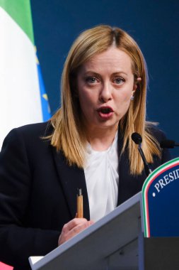 Italy's Prime Minister Giorgia Meloni speaks during a press conference after an extraordinary meeting of a EU Summit at The European Council Building in Brussels, Belgium on February 10, 2023.