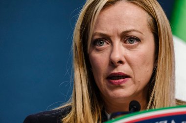 Italy's Prime Minister Giorgia Meloni speaks during a press conference after an extraordinary meeting of a EU Summit at The European Council Building in Brussels, Belgium on February 10, 2023.