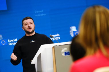 Ukrainian President Volodymyr Zelenskiy attends a news conference during the European leaders summit in Brussels, Belgium February 9, 2023. 