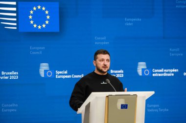 Ukrainian President Volodymyr Zelenskiy attends a news conference during the European leaders summit in Brussels, Belgium February 9, 2023. 