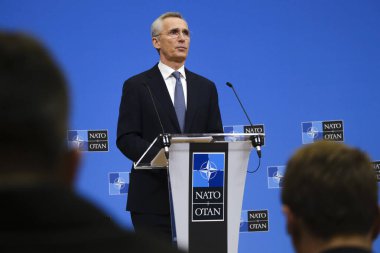 NATO Secretary General Jens Stoltenberg addresses a press conference ahead of a NATO Defence ministers' meeting at the NATO headquarters in Brussels, Belgium on February 13, 2023.