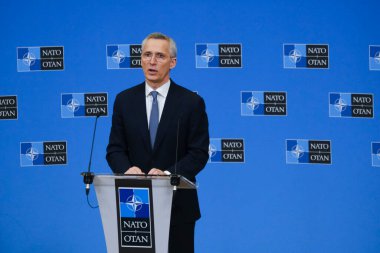 NATO Secretary General Jens Stoltenberg addresses a press conference ahead of a NATO Defence ministers' meeting at the NATO headquarters in Brussels, Belgium on February 13, 2023.