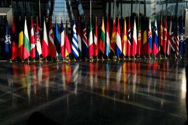 Flags of Members of NATO at the NATO headquarters in Brussels in Brussels, Belgium on Feb. 14, 2023.