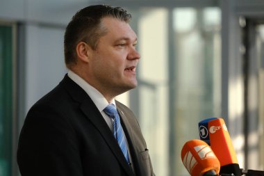 Mikko Savola, Minister of Defence arrives for a two-day meeting of the alliance's Defence Ministers at the NATO headquarters in Brussels, Belgium on Feb. 14, 2023.