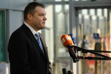 Mikko Savola, Minister of Defence arrives for a two-day meeting of the alliance's Defence Ministers at the NATO headquarters in Brussels, Belgium on Feb. 14, 2023.