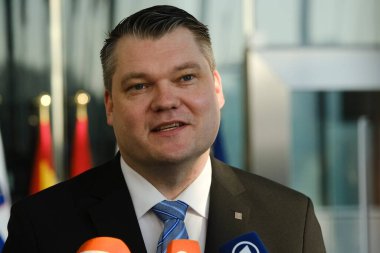 Mikko Savola, Minister of Defence arrives for a two-day meeting of the alliance's Defence Ministers at the NATO headquarters in Brussels, Belgium on Feb. 14, 2023.