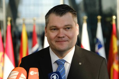 Mikko Savola, Minister of Defence arrives for a two-day meeting of the alliance's Defence Ministers at the NATO headquarters in Brussels, Belgium on Feb. 14, 2023.