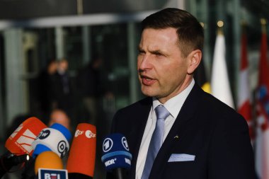 Hanno Pevkur, Minister of Defence arrives for a two-day meeting of the alliance's Defence Ministers at the NATO headquarters in Brussels, Belgium on Feb. 14, 2023.