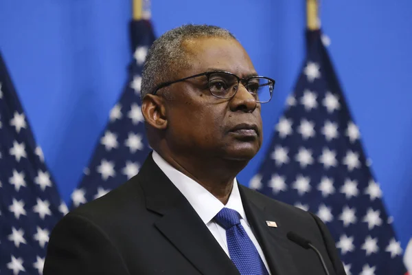 Stock image US Secretary of Defense Lloyd Austin speaks during a press conference during a two-day meeting of the alliance's Defence Ministers at the NATO Headquarters in Brussels, Belgium on February 14, 2023.