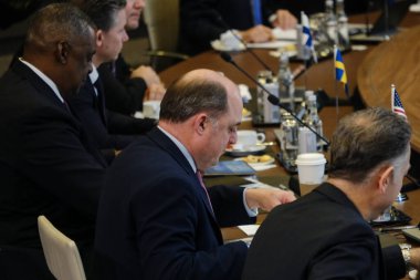 US Secretary of Defense Lloyd Austin arrives for a two-day meeting of the alliance's Defence Ministers at the NATO headquarters in Brussels, Belgium on Feb. 15, 2023.