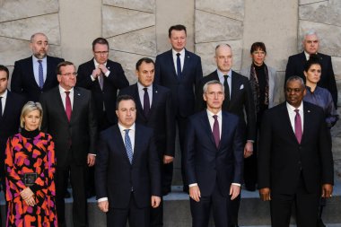 NATO Secretary General Jens Stoltenberg poses with NATO Defence ministers for a family picture on the second day of a meeting at the NATO headquarter in Brussels, Belgium 15, 2023.