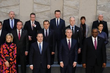 NATO Secretary General Jens Stoltenberg poses with NATO Defence ministers for a family picture on the second day of a meeting at the NATO headquarter in Brussels, Belgium 15, 2023.