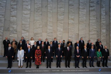 NATO Secretary General Jens Stoltenberg poses with NATO Defence ministers for a family picture on the second day of a meeting at the NATO headquarter in Brussels, Belgium 15, 2023.