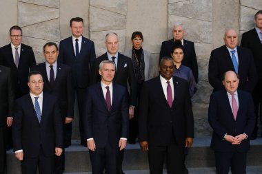 NATO Secretary General Jens Stoltenberg poses with NATO Defence ministers for a family picture on the second day of a meeting at the NATO headquarter in Brussels, Belgium 15, 2023.