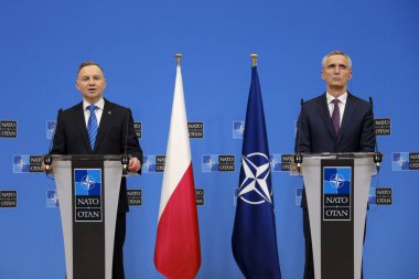 NATO Secretary General Jens Stoltenberg and Polish President Andrzej Duda  give a press conference at the NATO headquarters in Brussels, Belgium on February 15, 2023.