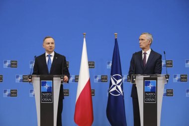 NATO Secretary General Jens Stoltenberg and Polish President Andrzej Duda  give a press conference at the NATO headquarters in Brussels, Belgium on February 15, 2023.