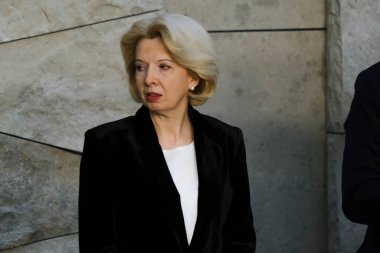 Inara Murniece ,Defence Minister poses with NATO Defence ministers for a family picture on the second day of a meeting at the NATO headquarter in Brussels, Belgium 15, 2023.