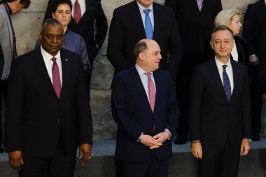 Ben Wallace, Defence Minister poses with NATO Defence ministers for a family picture on the second day of a meeting at the NATO headquarter in Brussels, Belgium 15, 2023.