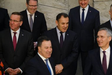 Nikolaos Panagiotopoulos ,Defence Minister poses with NATO Defence ministers for a family picture on the second day of a meeting at the NATO headquarter in Brussels, Belgium 15, 2023.
