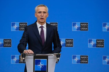 NATO Secretary General Jens Stoltenberg at a press conference following a meeting of NATO Defence ministers at the NATO headquarters in Brussels, Belgium on February 15, 2023.