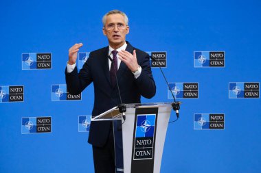 NATO Secretary General Jens Stoltenberg at a press conference following a meeting of NATO Defence ministers at the NATO headquarters in Brussels, Belgium on February 15, 2023.