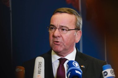 Boris Pistorius, Minister of Defence holds a press conference at the end of a two-day meeting of NATO Defence ministers at the NATO headquarters in Brussels, Belgium on Feb. 15, 2023.