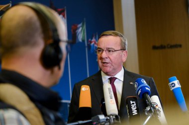 Boris Pistorius, Minister of Defence holds a press conference at the end of a two-day meeting of NATO Defence ministers at the NATO headquarters in Brussels, Belgium on Feb. 15, 2023.