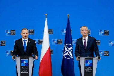 NATO Secretary General Jens Stoltenberg and Polish President Andrzej Duda  give a press conference at the NATO headquarters in Brussels, Belgium on February 15, 2023.