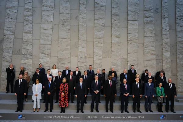 NATO Secretary General Jens Stoltenberg poses with NATO Defence ministers for a family picture on the second day of a meeting at the NATO headquarter in Brussels, Belgium 15, 2023.