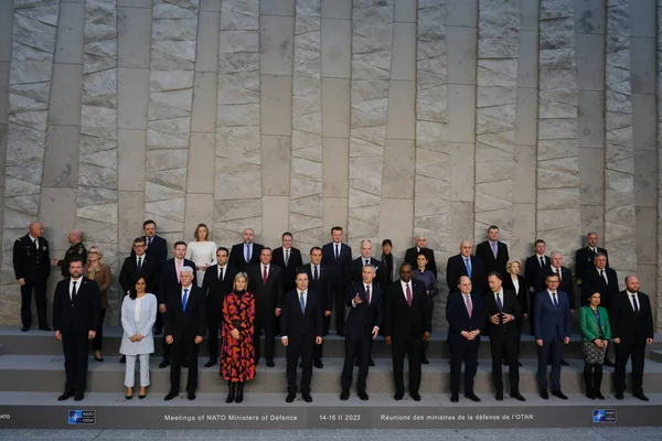 NATO Secretary General Jens Stoltenberg poses with NATO Defence ministers for a family picture on the second day of a meeting at the NATO headquarter in Brussels, Belgium 15, 2023.