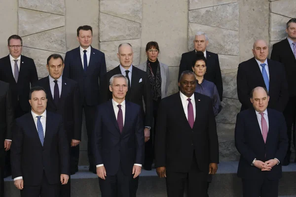 NATO Secretary General Jens Stoltenberg poses with NATO Defence ministers for a family picture on the second day of a meeting at the NATO headquarter in Brussels, Belgium 15, 2023.