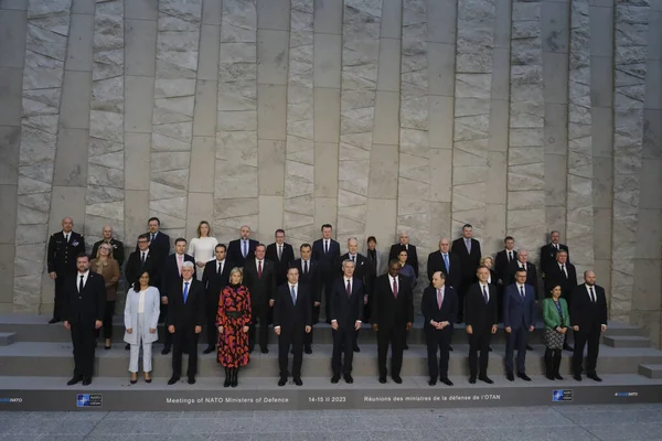 NATO Secretary General Jens Stoltenberg poses with NATO Defence ministers for a family picture on the second day of a meeting at the NATO headquarter in Brussels, Belgium 15, 2023.
