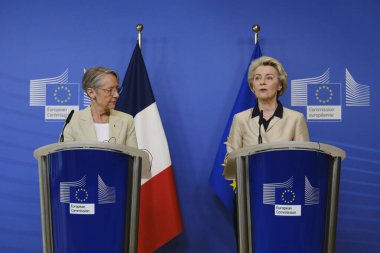 French Prime Minister Elisabeth Borne addresses a joint press conference with the European Commission President Ursula von der LEYEN at the EU headquarters in Brussels, Belgium on February 16, 2023.