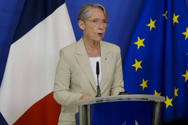 stock image French Prime Minister Elisabeth Borne addresses a joint press conference with the European Commission President Ursula von der LEYEN at the EU headquarters in Brussels, Belgium on February 16, 2023.