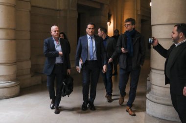 Lawyers Sven Mary and Michalis Dimitrakopoulos speak to media at the end of a hearing at the Court of Justice on February 16, 2023 in Brussels, Belgium.