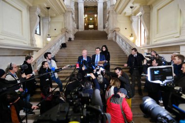 Lawyers Sven Mary and Michalis Dimitrakopoulos speak to media at the end of a hearing at the Court of Justice on February 16, 2023 in Brussels, Belgium.