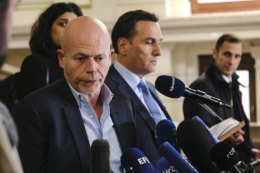 Lawyers Sven Mary and Michalis Dimitrakopoulos speak to media at the end of a hearing at the Court of Justice on February 16, 2023 in Brussels, Belgium.