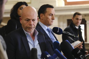Lawyers Sven Mary and Michalis Dimitrakopoulos speak to media at the end of a hearing at the Court of Justice on February 16, 2023 in Brussels, Belgium.