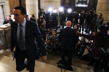 Lawyers Sven Mary and Michalis Dimitrakopoulos speak to media at the end of a hearing at the Court of Justice on February 16, 2023 in Brussels, Belgium.
