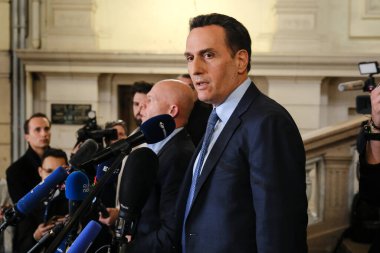 Lawyers Sven Mary and Michalis Dimitrakopoulos speak to media at the end of a hearing at the Court of Justice on February 16, 2023 in Brussels, Belgium.