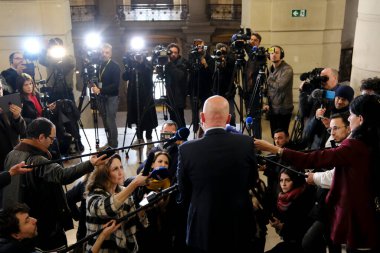 Lawyers Sven Mary and Michalis Dimitrakopoulos speak to media at the end of a hearing at the Court of Justice on February 16, 2023 in Brussels, Belgium.