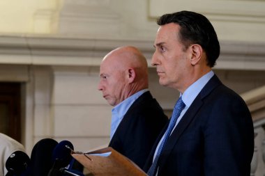 Lawyers Sven Mary and Michalis Dimitrakopoulos speak to media at the end of a hearing at the Court of Justice on February 16, 2023 in Brussels, Belgium.