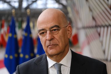 Nikos DENDIAS, Minister of Foreign Affairs arrives for a meeting of Foreign Affairs Council (FAC) at the EU headquarters in Brussels, Belgium on February 20, 2023.