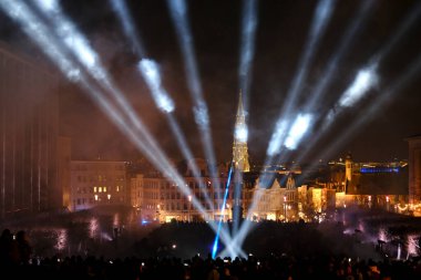 Visitors view an artistic light installation on the Bright Brussels Festival in Brussels, Belgium on 19th Feb. 2022. Bright Brussels is a light festival, a fascinating route through the city.