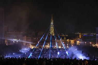 Visitors view an artistic light installation on the Bright Brussels Festival in Brussels, Belgium on 19th Feb. 2022. Bright Brussels is a light festival, a fascinating route through the city.